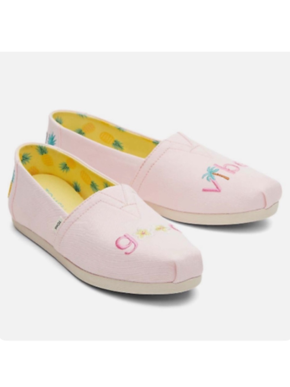 Toms Tropical 🌴 🍍Alpargata Light Pink Canvas Good Vibes Flats Embroidered Shoe
